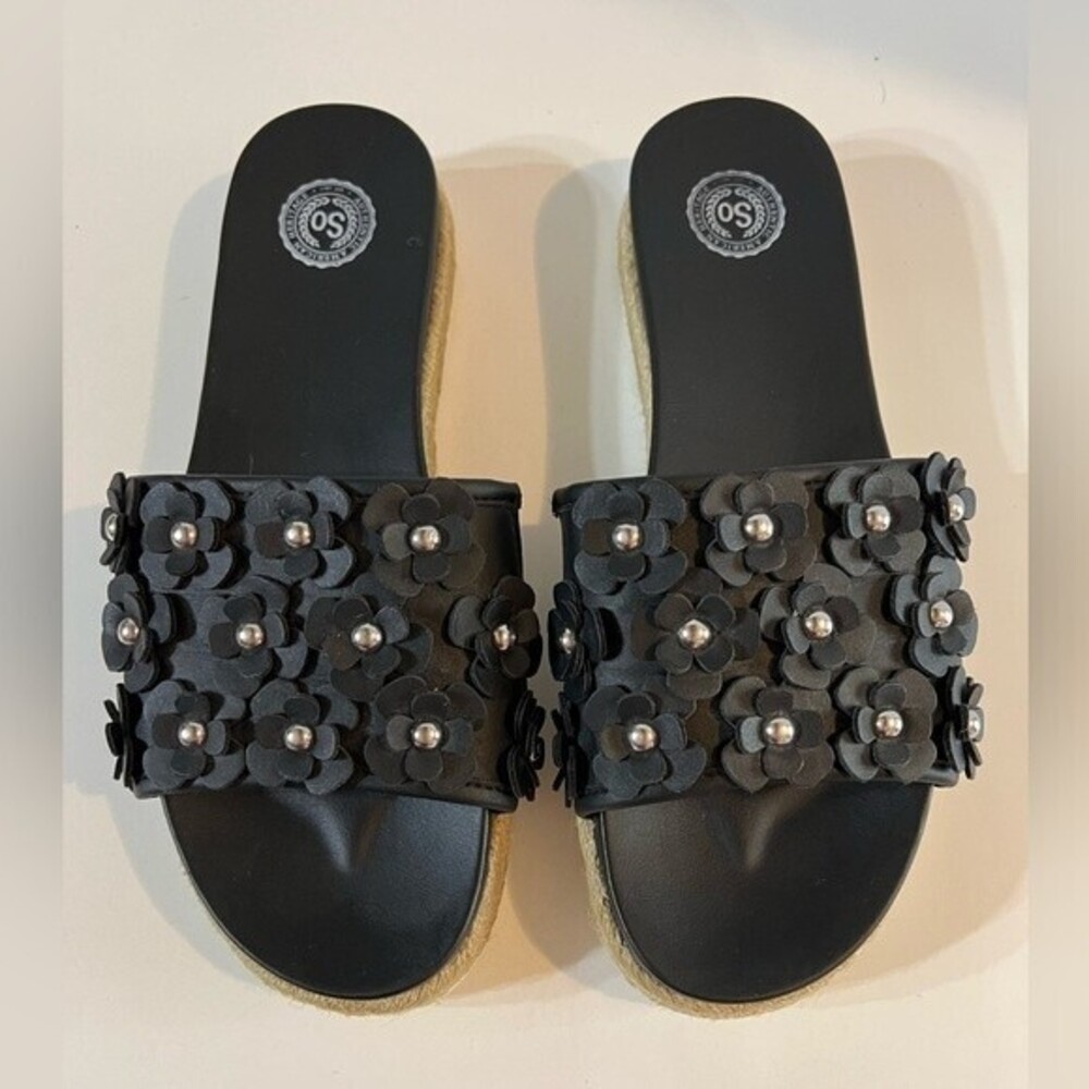SO Pompane Women' Sandals Black Slip Ons Slides Flowers Size 9